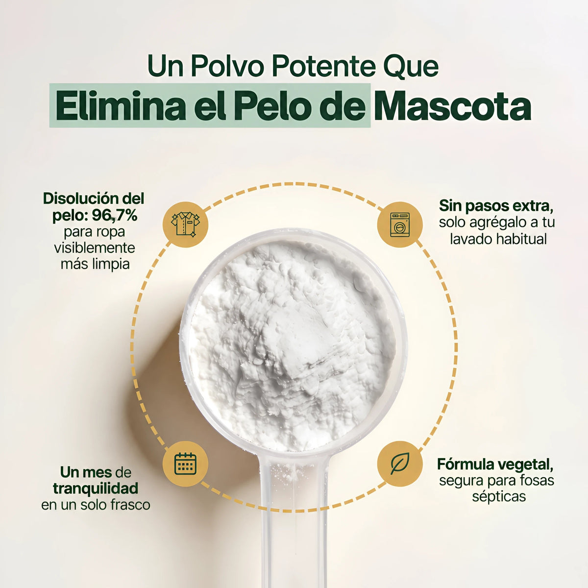 Polvo SELNAY que disuelve el pelo de mascota en la lavadora